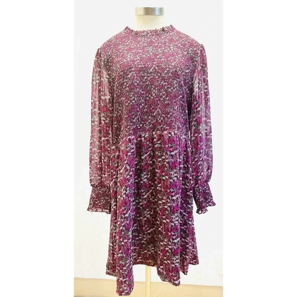 NWT DRAPER JAMES Women Long Sleeve Partially Lined Shirred Red Floral Dress XXL